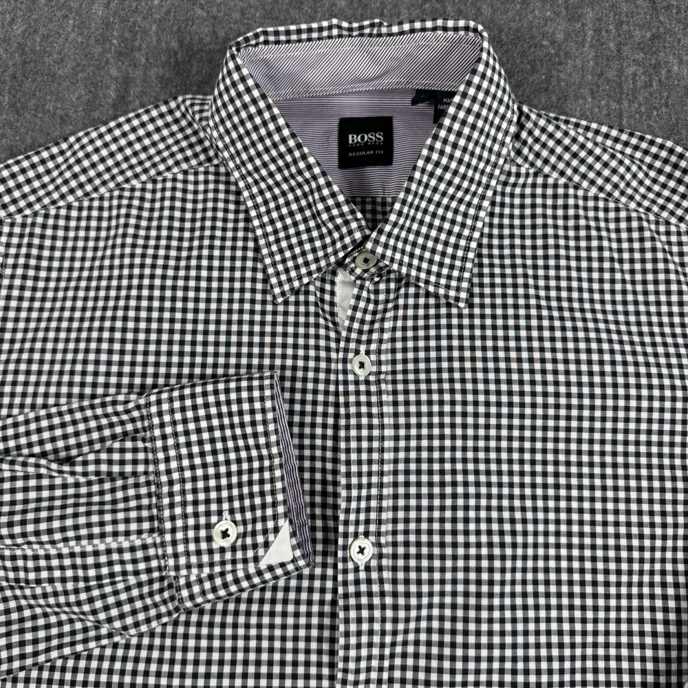 BOSS Hugo Boss Mens S Regular Fit Black White Gingham Check Long Sleeve Shirt